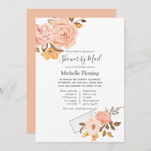 ピンクと金ゴールドのフローラブライダルまたはベビーシャワー（郵便） 招待状 (正面/裏面)