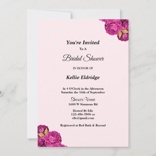 ピンクと金ゴールドのフローラブライダルシャワーの招待 招待状 (正面)