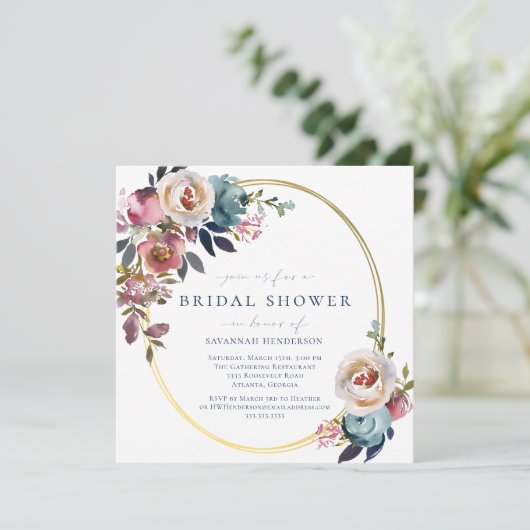 ピンクと金ゴールドのフローラブライダルシャワーへの招待 招待状 (スタンド正面)