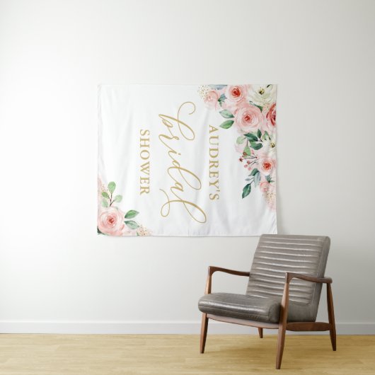 ピンクと金ゴールドのフローラブライダルシャワー背景 タペストリー (インサイチュ(横))