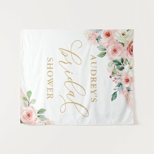 ピンクと金ゴールドのフローラブライダルシャワー背景 タペストリー (正面(横))