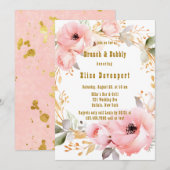 ピンクと金ゴールドのフローラブランチ&バブリー 招待状 (正面/裏面)