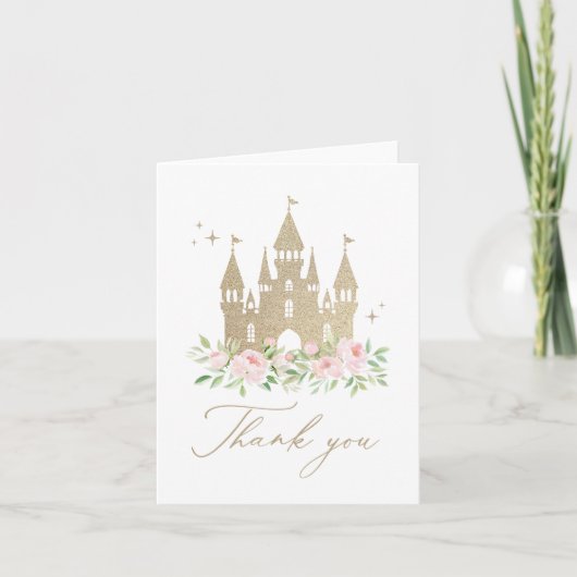 ピンクと金ゴールドのフローラプリンセスベビーシャワー サンキューカード (正面)