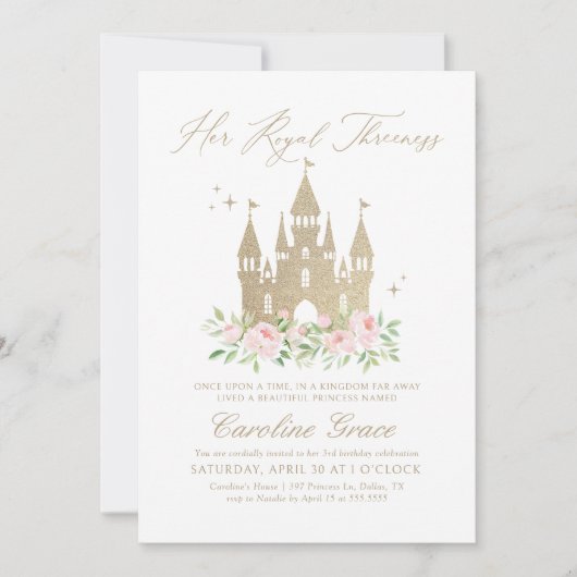 ピンクと金ゴールドのフローラプリンセス第3誕生日 招待状 (正面)