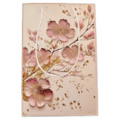 ピンクと金ゴールドのフローラミニマルエレガントリスト ミディアムペーパーバッグ (正面)