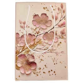 ピンクと金ゴールドのフローラミニマルエレガントリスト ミディアムペーパーバッグ