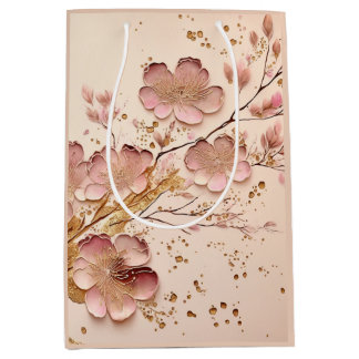 ピンクと金ゴールドのフローラミニマルエレガントリスト ミディアムペーパーバッグ