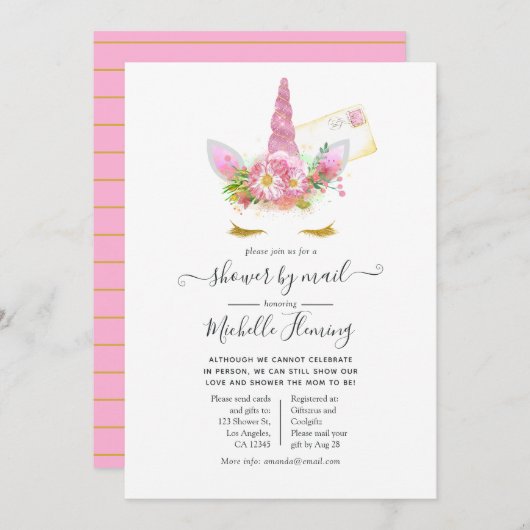 ピンクと金ゴールドのフローラユニコーン赤ちゃんシャワーby Mail 招待状 (正面/裏面)