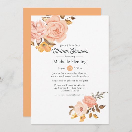 ピンクと金ゴールドのフローラ仮想ベビーまたはブライダルシャワー 招待状 (正面/裏面)