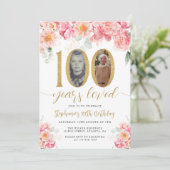 ピンクと金ゴールドのフローラ写真100誕生日 招待状 (スタンド正面)