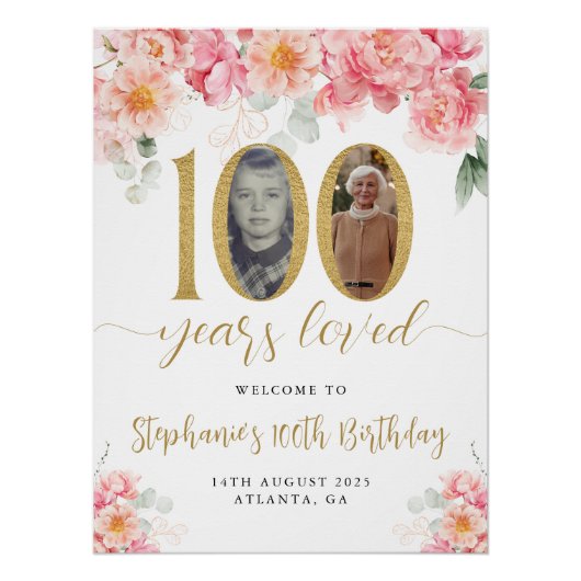 ピンクと金ゴールドのフローラ写真100th誕生日へようこそ ポスター (正面)