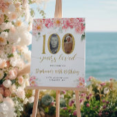 ピンクと金ゴールドのフローラ写真100th誕生日へようこそ ポスター