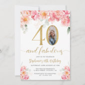 ピンクと金ゴールドのフローラ写真40th Birthday 招待状 (正面)