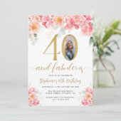 ピンクと金ゴールドのフローラ写真40th Birthday 招待状 (スタンド正面)