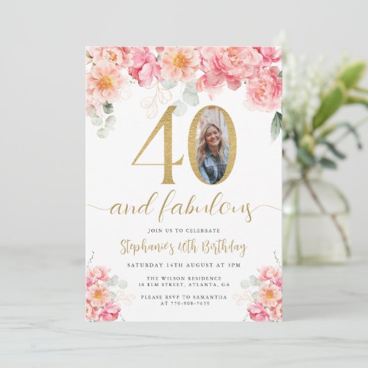ピンクと金ゴールドのフローラ写真40th Birthday 招待状 (スタンド正面)