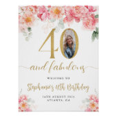 ピンクと金ゴールドのフローラ写真40th Birthday Welcome ポスター (正面)