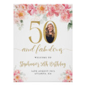 ピンクと金ゴールドのフローラ写真50th誕生日へようこそ ポスター (正面)