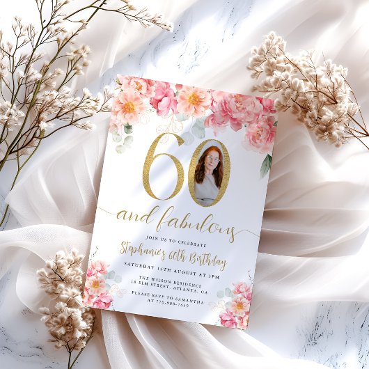 ピンクと金ゴールドのフローラ写真60誕生日 招待状