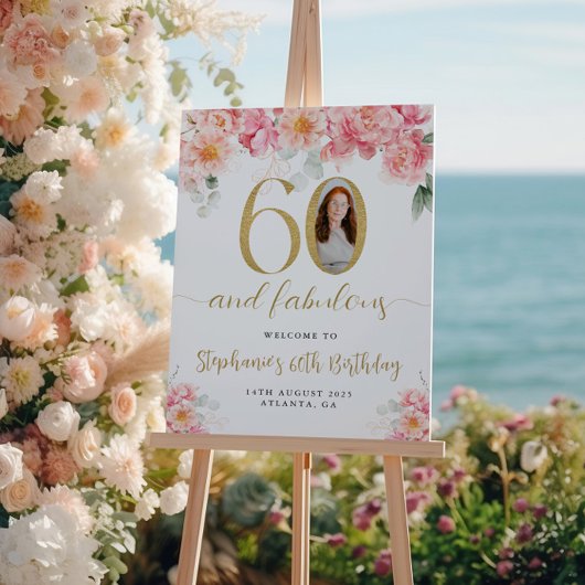 ピンクと金ゴールドのフローラ写真60th誕生日へようこそ ポスター