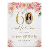 ピンクと金ゴールドのフローラ写真60th誕生日へようこそ ポスター (正面)