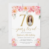ピンクと金ゴールドのフローラ写真70誕生日 招待状 (正面)