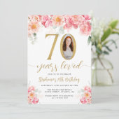 ピンクと金ゴールドのフローラ写真70誕生日 招待状 (スタンド正面)
