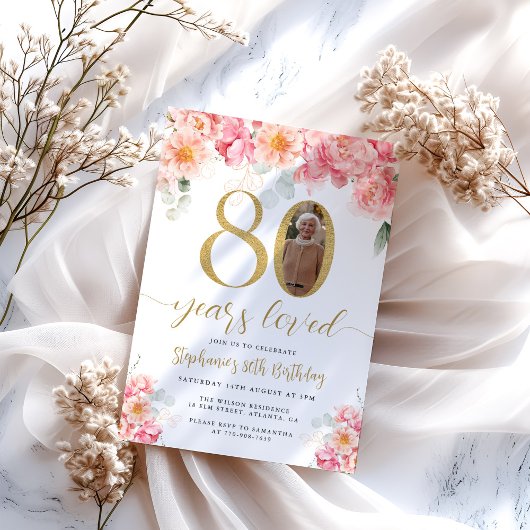 ピンクと金ゴールドのフローラ写真80誕生日 招待状