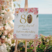 ピンクと金ゴールドのフローラ写真80th誕生日へようこそ ポスター