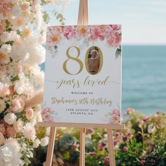 ピンクと金ゴールドのフローラ写真80th誕生日へようこそ ポスター