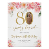 ピンクと金ゴールドのフローラ写真80th誕生日へようこそ ポスター (正面)