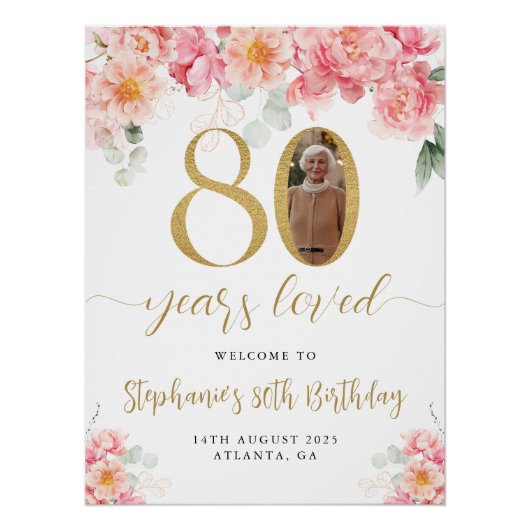 ピンクと金ゴールドのフローラ写真80th誕生日へようこそ ポスター (正面)