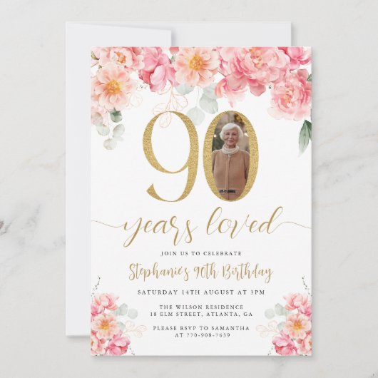 ピンクと金ゴールドのフローラ写真90誕生日 招待状 (正面)