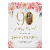 ピンクと金ゴールドのフローラ写真90th誕生日へようこそ ポスター (正面)