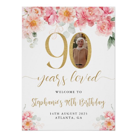 ピンクと金ゴールドのフローラ写真90th誕生日へようこそ ポスター (正面)
