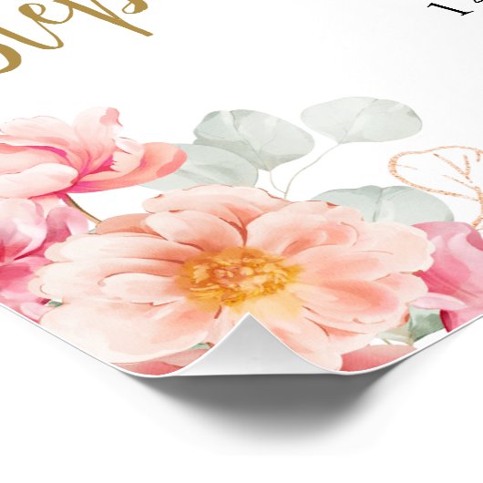 ピンクと金ゴールドのフローラ写真90th誕生日へようこそ ポスター (コーナー)