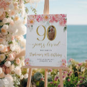 ピンクと金ゴールドのフローラ写真90th誕生日へようこそ ポスター