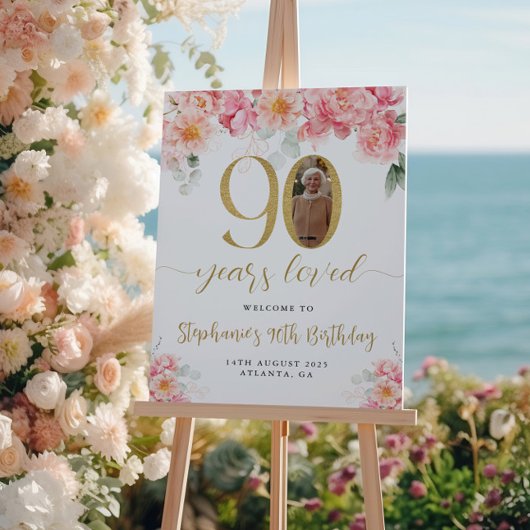 ピンクと金ゴールドのフローラ写真90th誕生日へようこそ ポスター