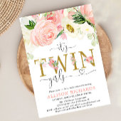ピンクと金ゴールドのフローラ双子の女の子の赤ちゃんシャワー 招待状