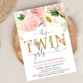 ピンクと金ゴールドのフローラ双子の女の子の赤ちゃんシャワー 招待状