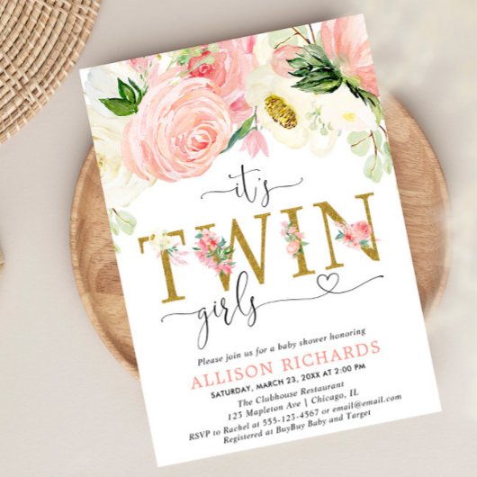ピンクと金ゴールドのフローラ双子の女の子の赤ちゃんシャワー 招待状