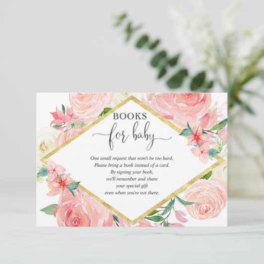 ピンクと金ゴールドのフローラ女の子の赤ちゃんシャワーのブックリクエスト エンクロージャーカード (スタンド正面)