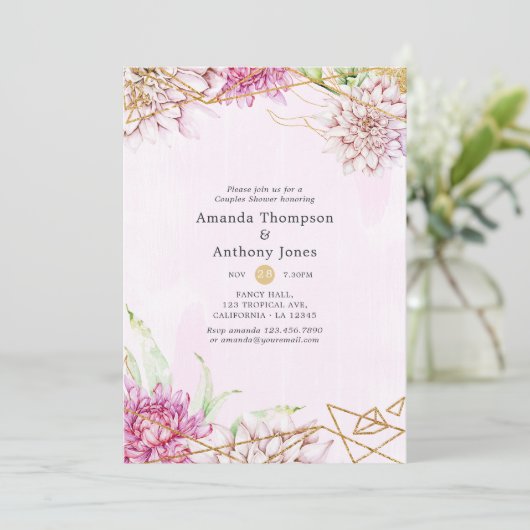 ピンクと金ゴールドのフローラ幾何学的カップルのシャワー 招待状 (スタンド正面)