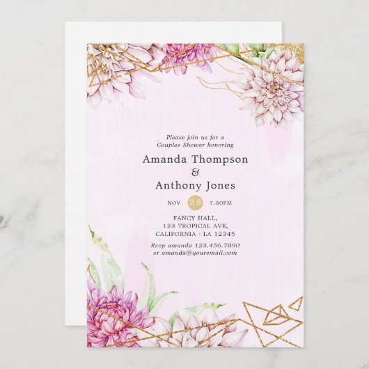 ピンクと金ゴールドのフローラ幾何学的カップルのシャワー 招待状 (正面/裏面)