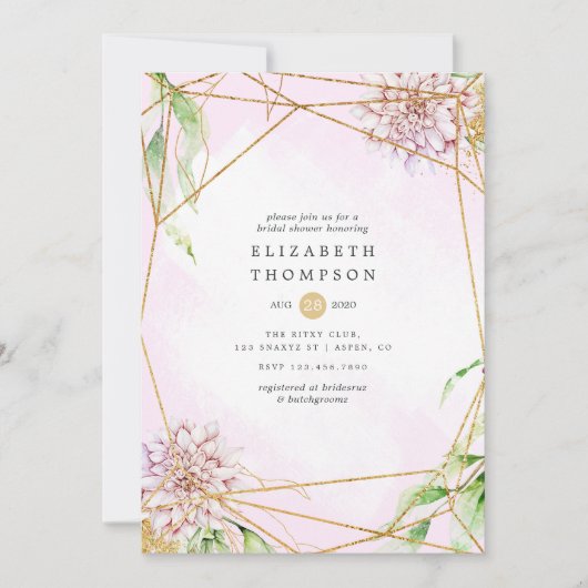 ピンクと金ゴールドのフローラ幾何学的ブライダルシャワー 招待状 (正面)