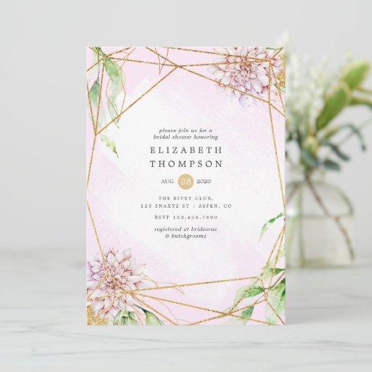 ピンクと金ゴールドのフローラ幾何学的ブライダルシャワー 招待状 (スタンド正面)