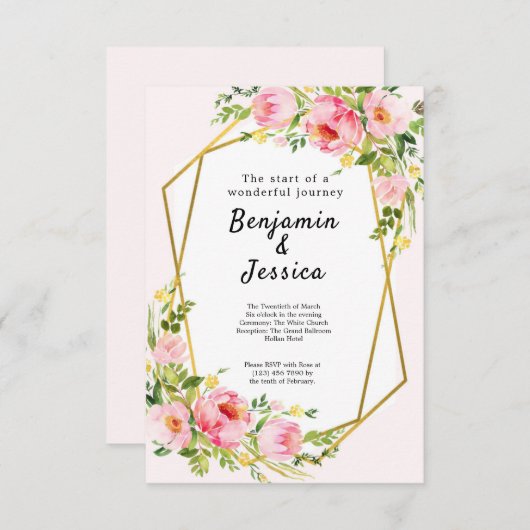 ピンクと金ゴールドのフローラ幾何学的結婚式招待状 招待状 (正面/裏面)