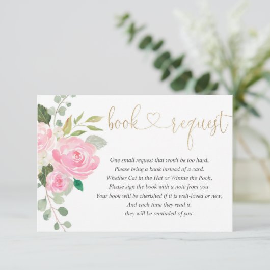ピンクと金ゴールドのフローラ水の色の女の子のブックリクエスト エンクロージャーカード (スタンド正面)