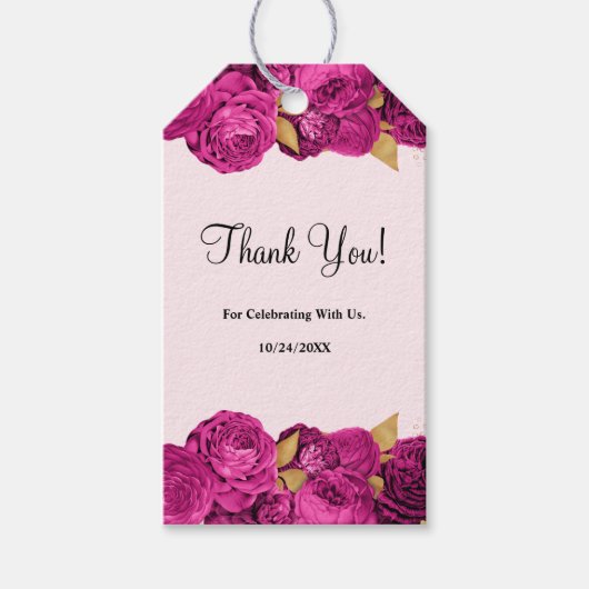 ピンクと金ゴールドのフローラ結婚のギフトラベル ギフトタグ (正面)