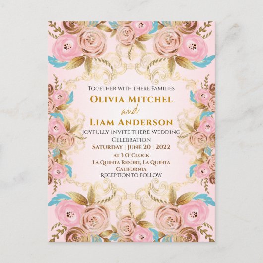 ピンクと金ゴールドのフローラ結婚フレームのはがき ポストカード (正面)