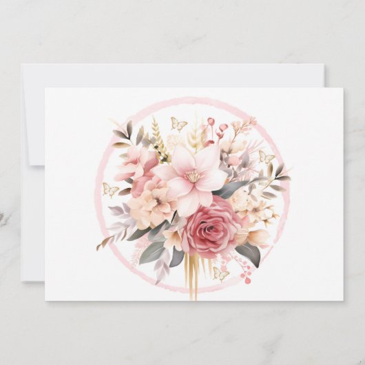 ピンクと金ゴールドのフローラ蝶は日付カードを保存 招待状 (裏面)